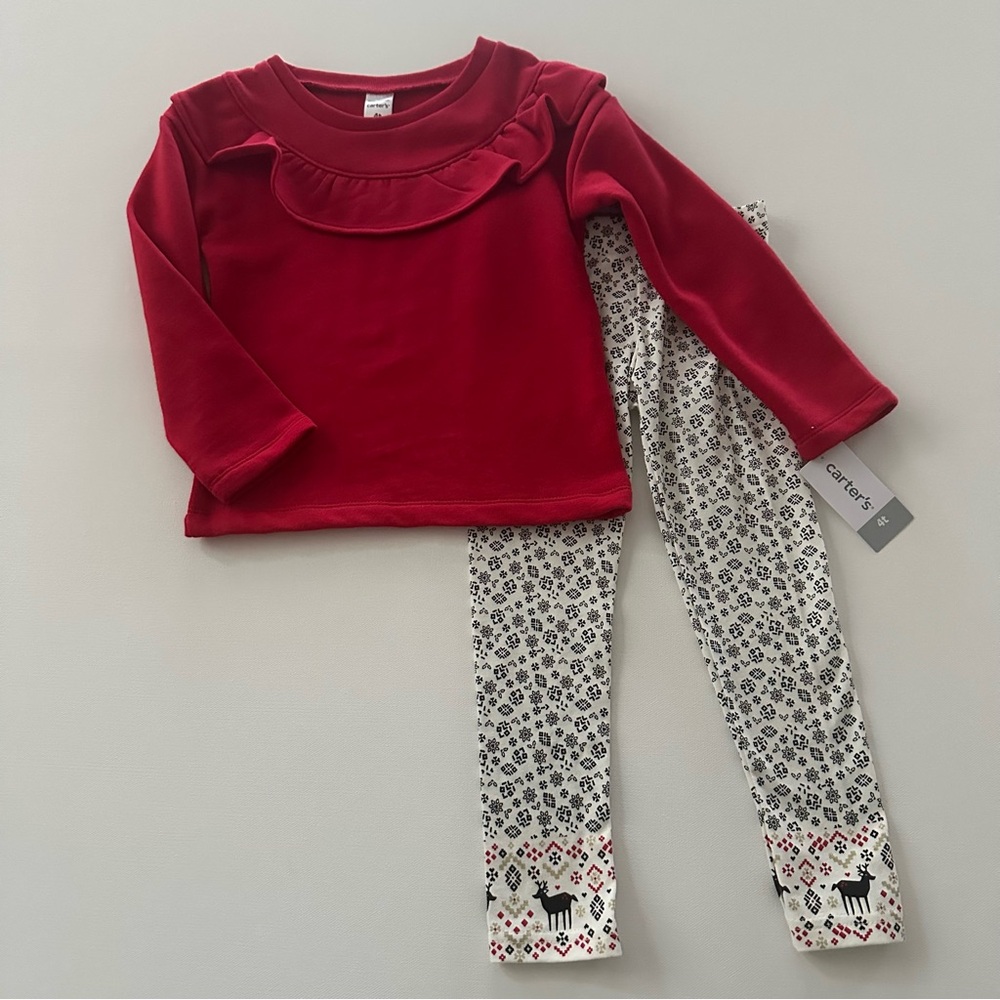 Carter’s Toddler Girl Red Top & Fair Isle Leggings Outfit Set Holiday Christmas